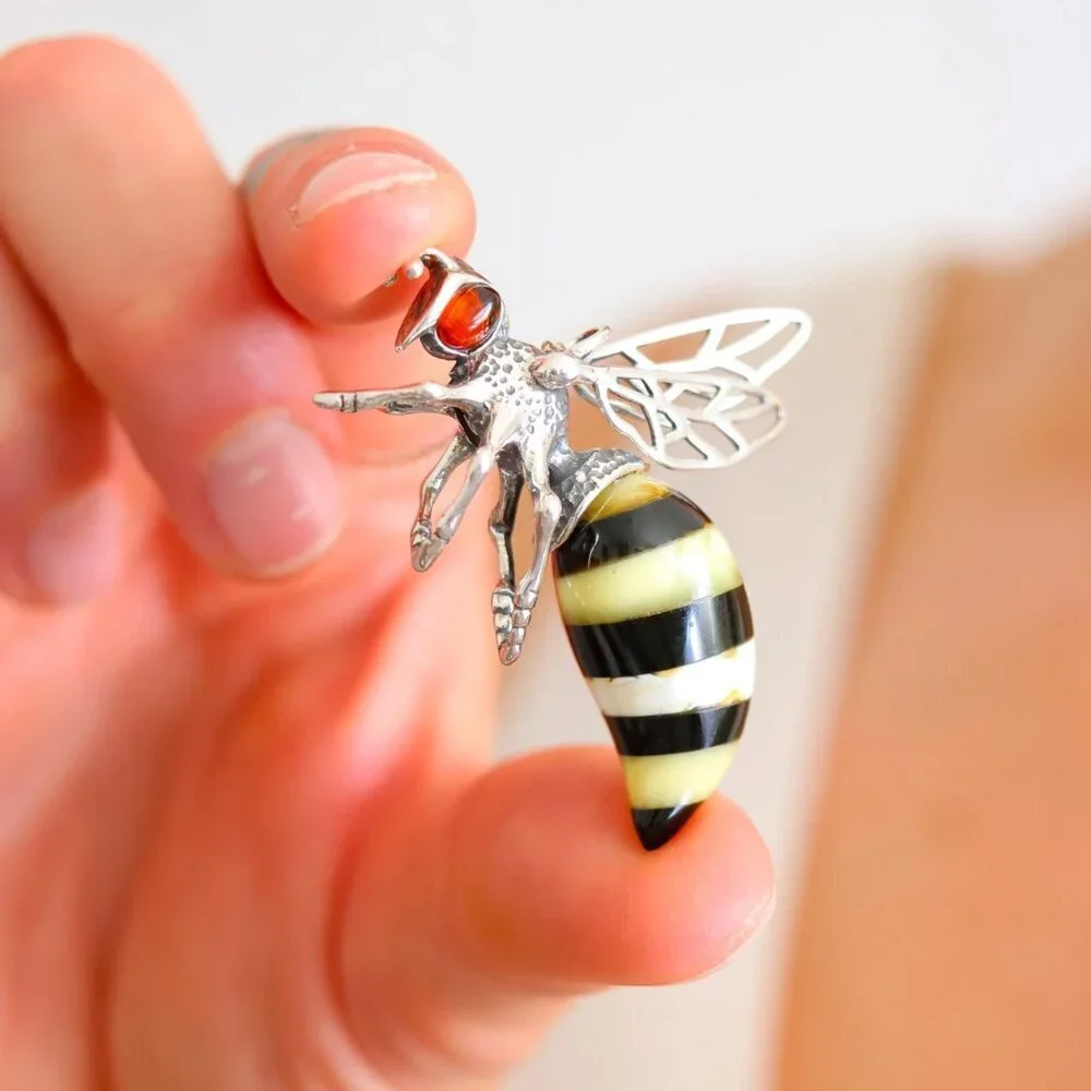 Baltic Amber Bumble Bee Pendant Necklace 925 Sterling Silver